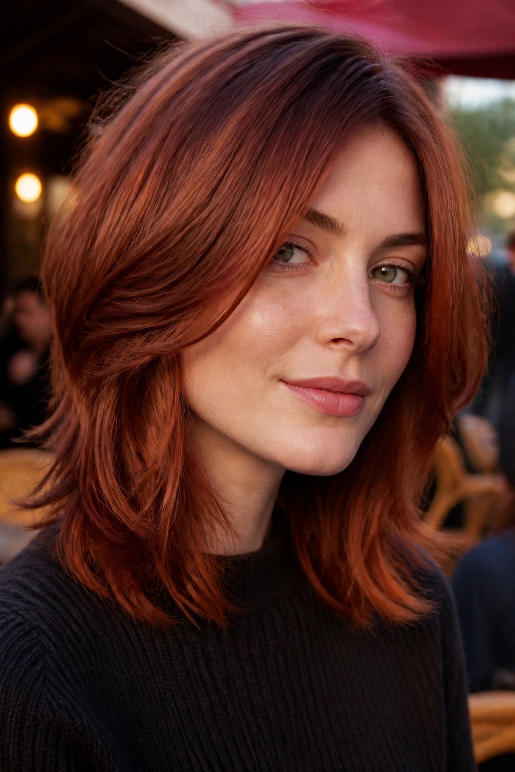 Close-up portrait of a real person with burnt sienna layered hair