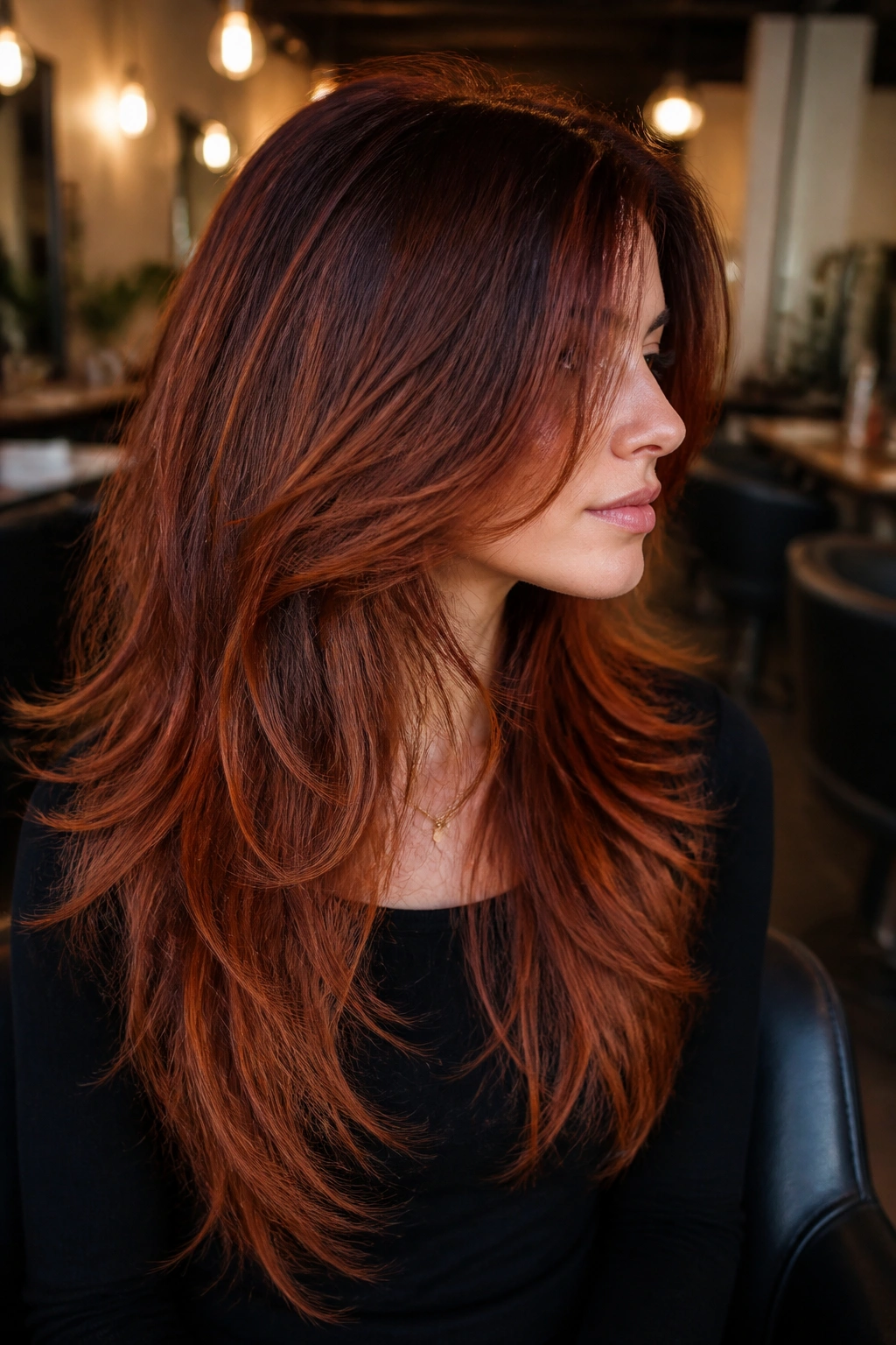 Real woman with burnt sienna long shag layers hair close-up