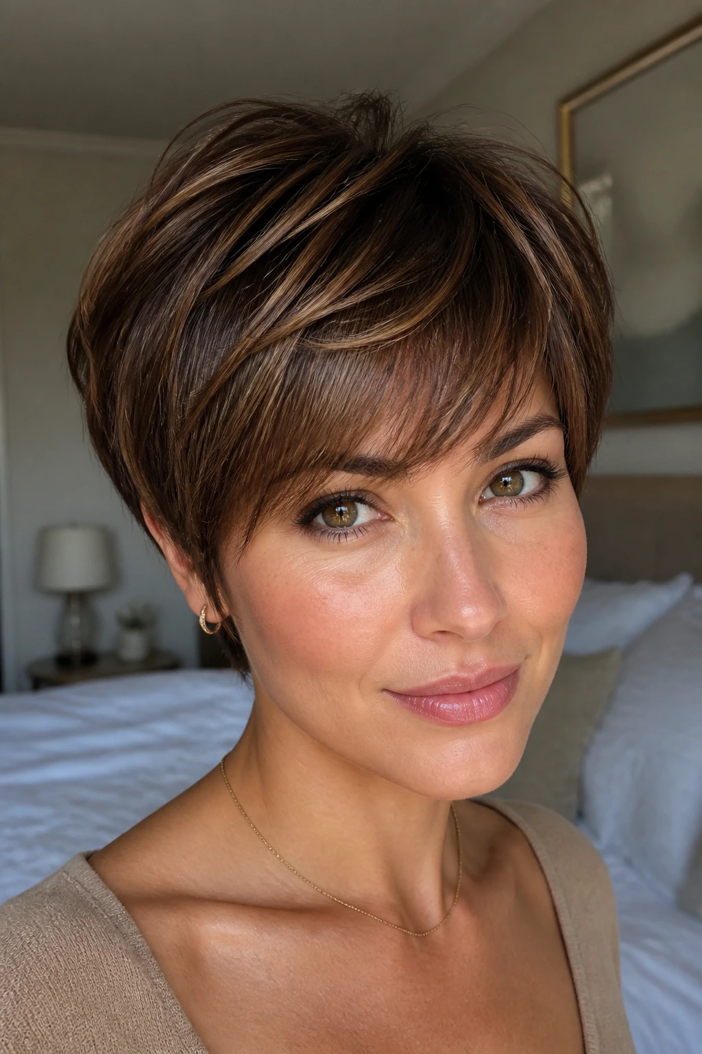 Close-up of a real woman with burnt sugar accents on a pixie or bob hairstyle