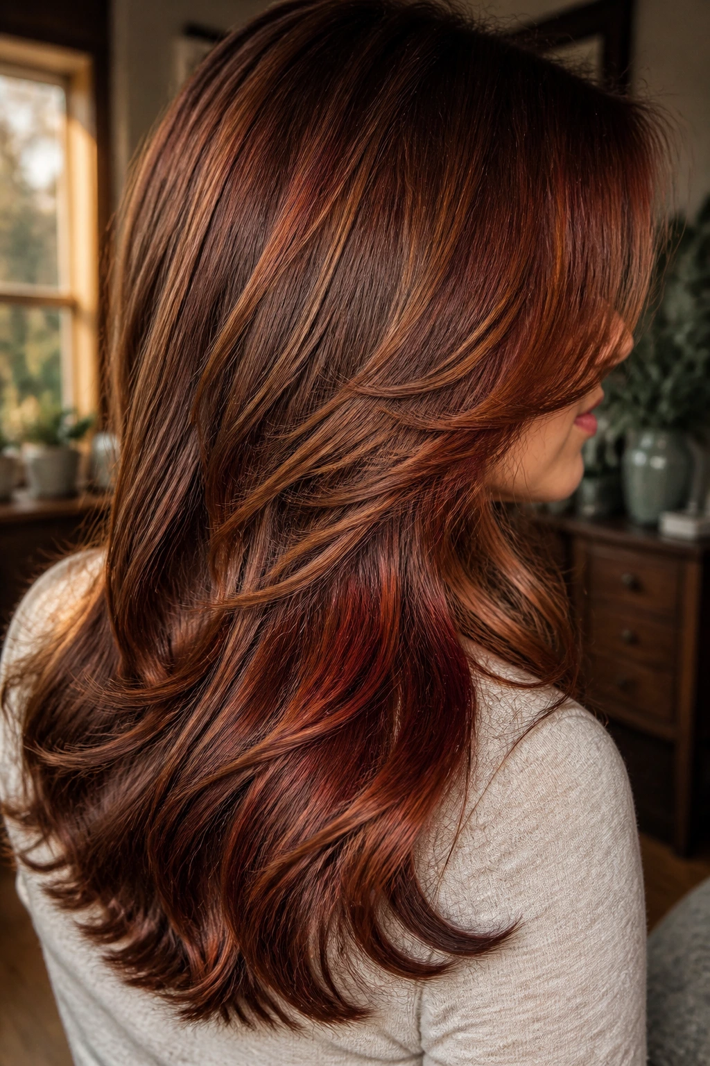 Close-up of layered brunette hair with burnt sugar and red glaze highlighting layers.