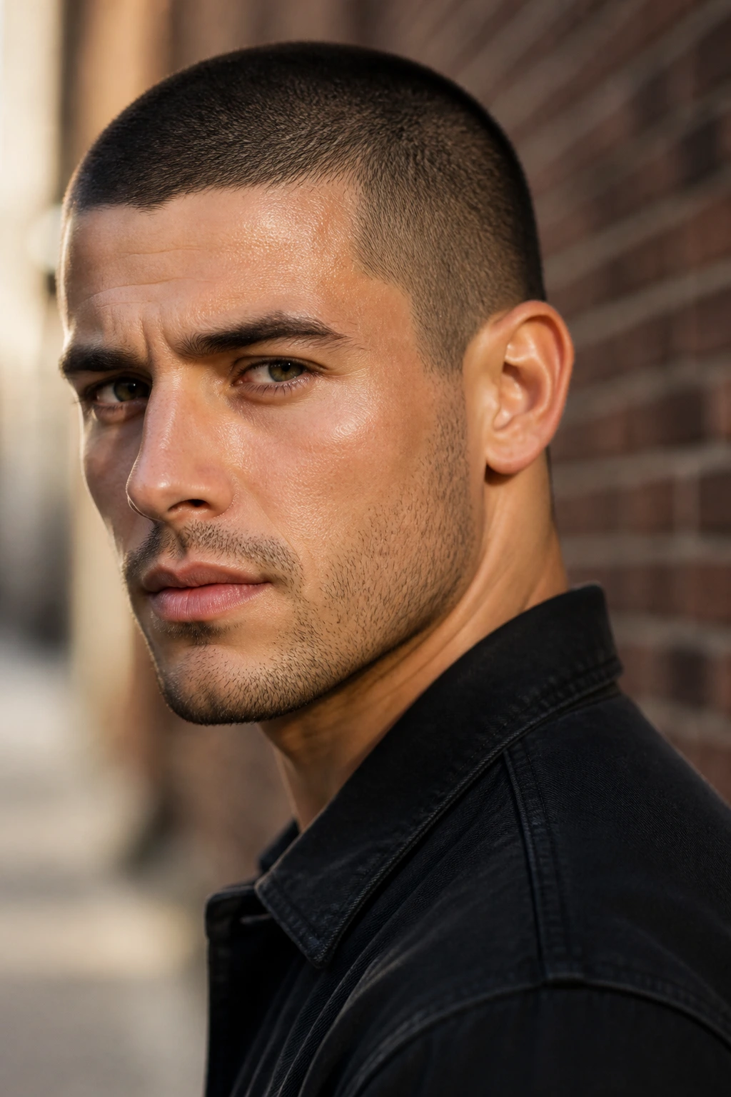 Close-up burr cut hairstyle on a real man in a sunlit urban alley.