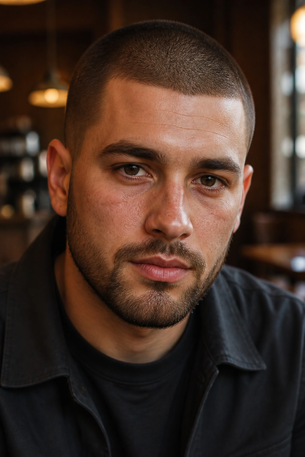 Close-up portrait of a man with burr cut