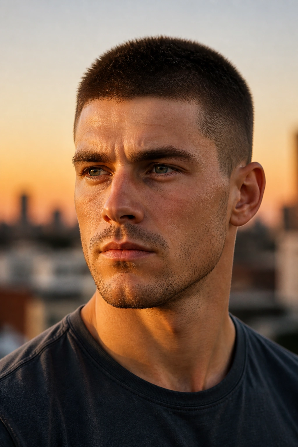 Close-up portrait of a man with a burr cut on an urban rooftop at sunset