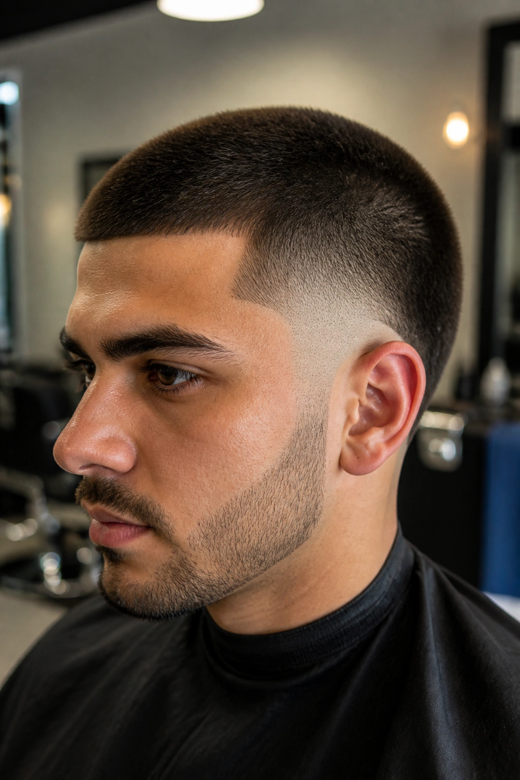 Close-up portrait of a real person with a burst fade buzz cut