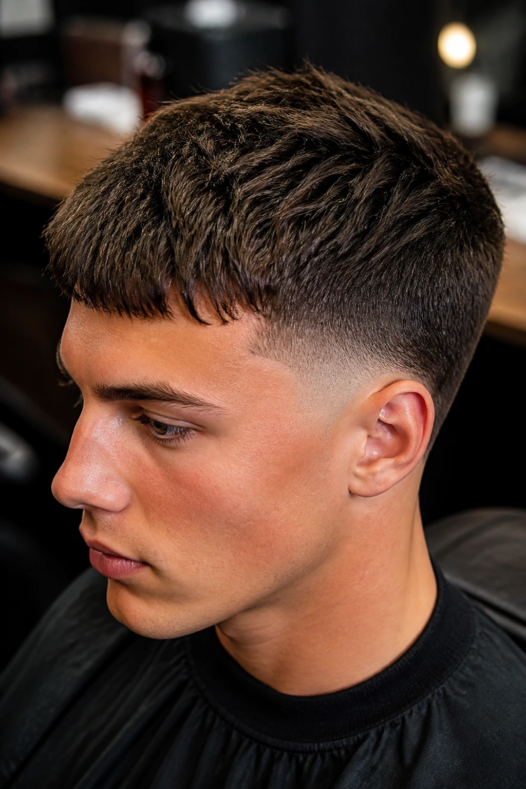 Close-up of a man with burst fade crop hairstyle in barber shop setting.