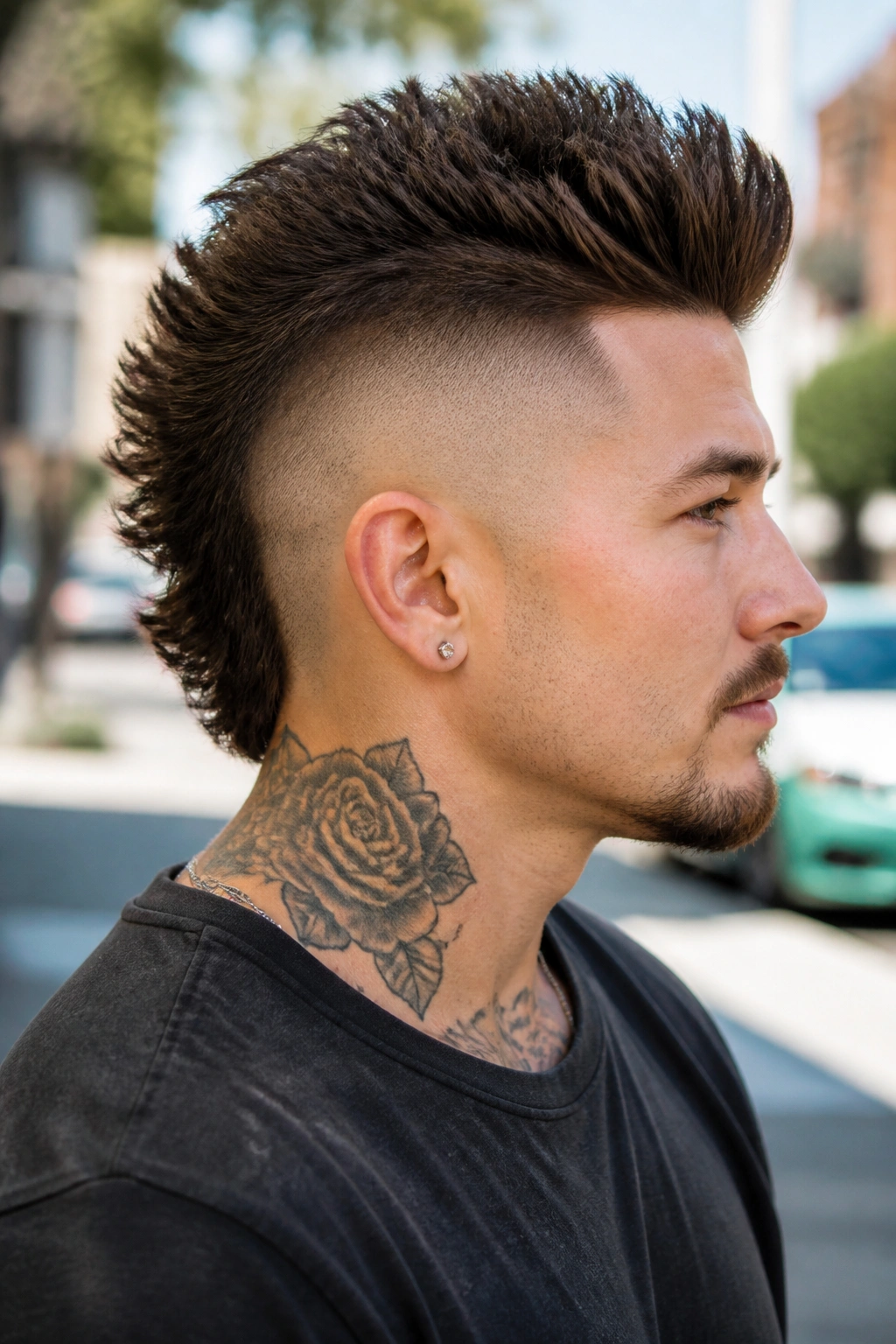 Portrait of a man with a burst fade mohawk and central textured stripe