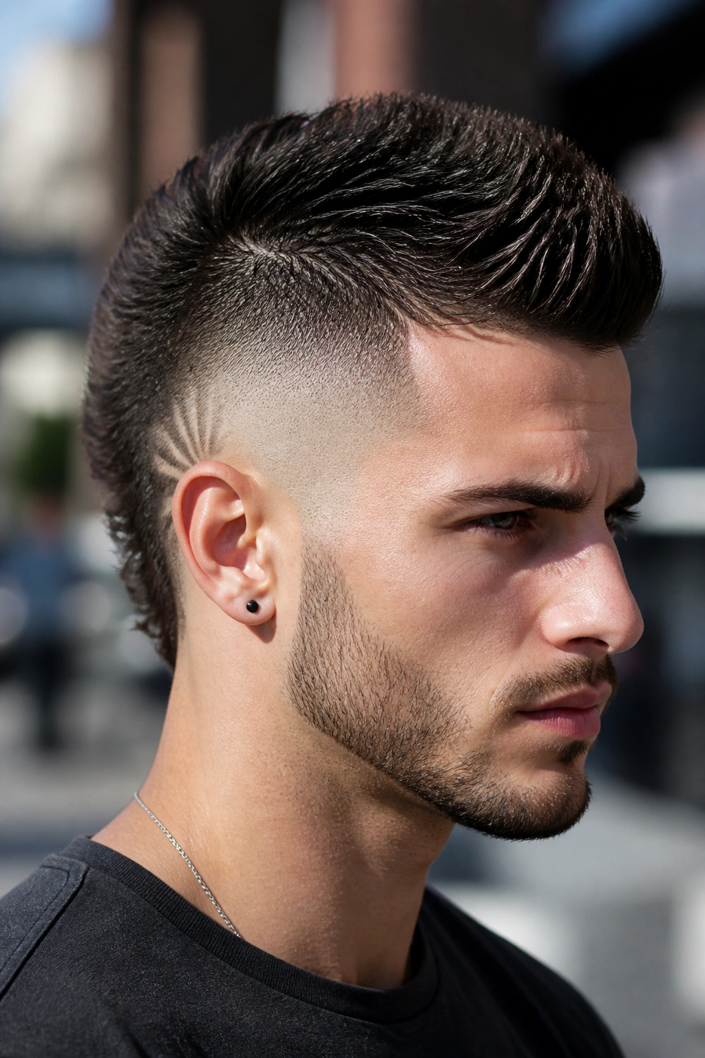 Man with burst fade mohawk in urban outdoor setting