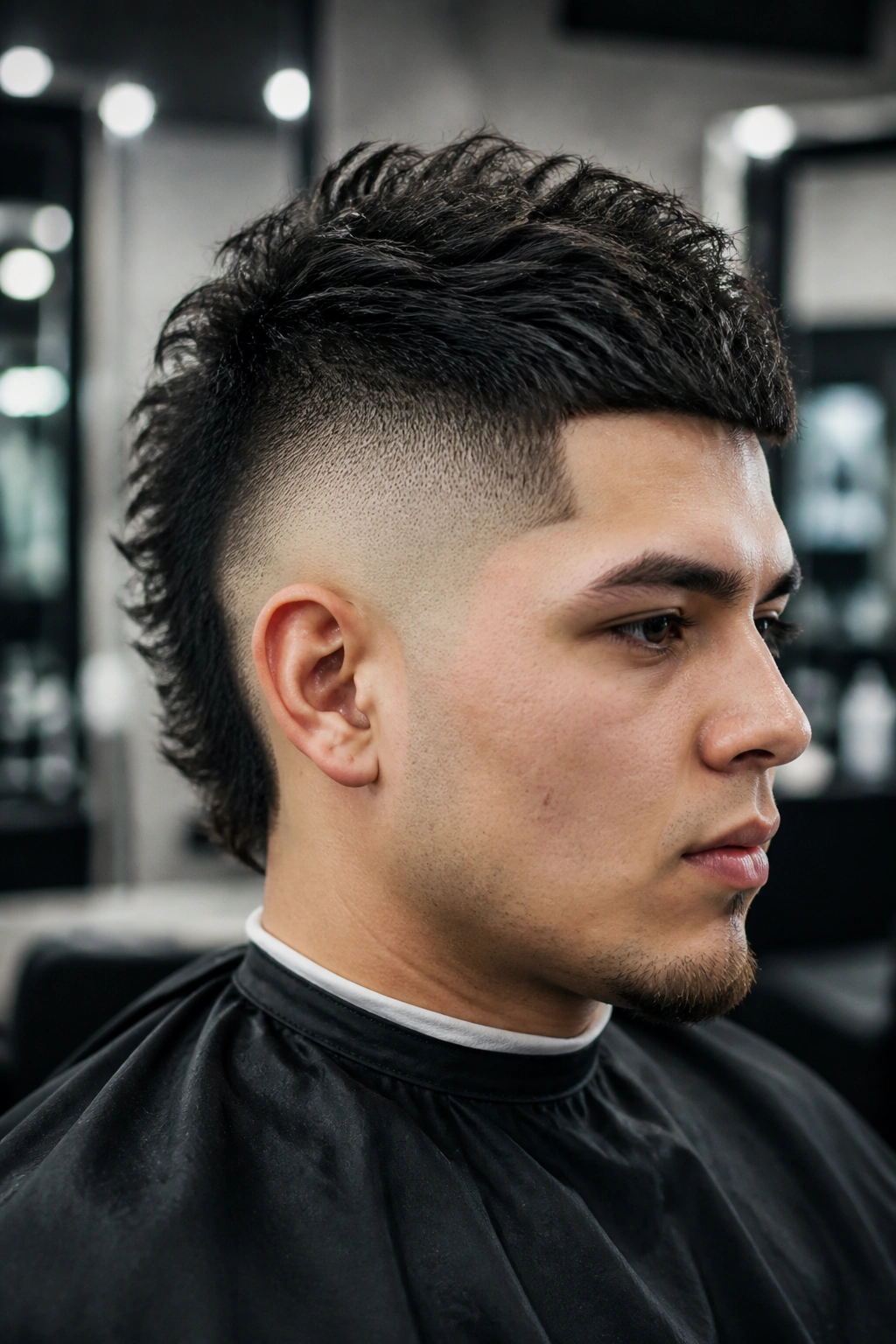 Close-up of man with burst fade mohawk hairstyle