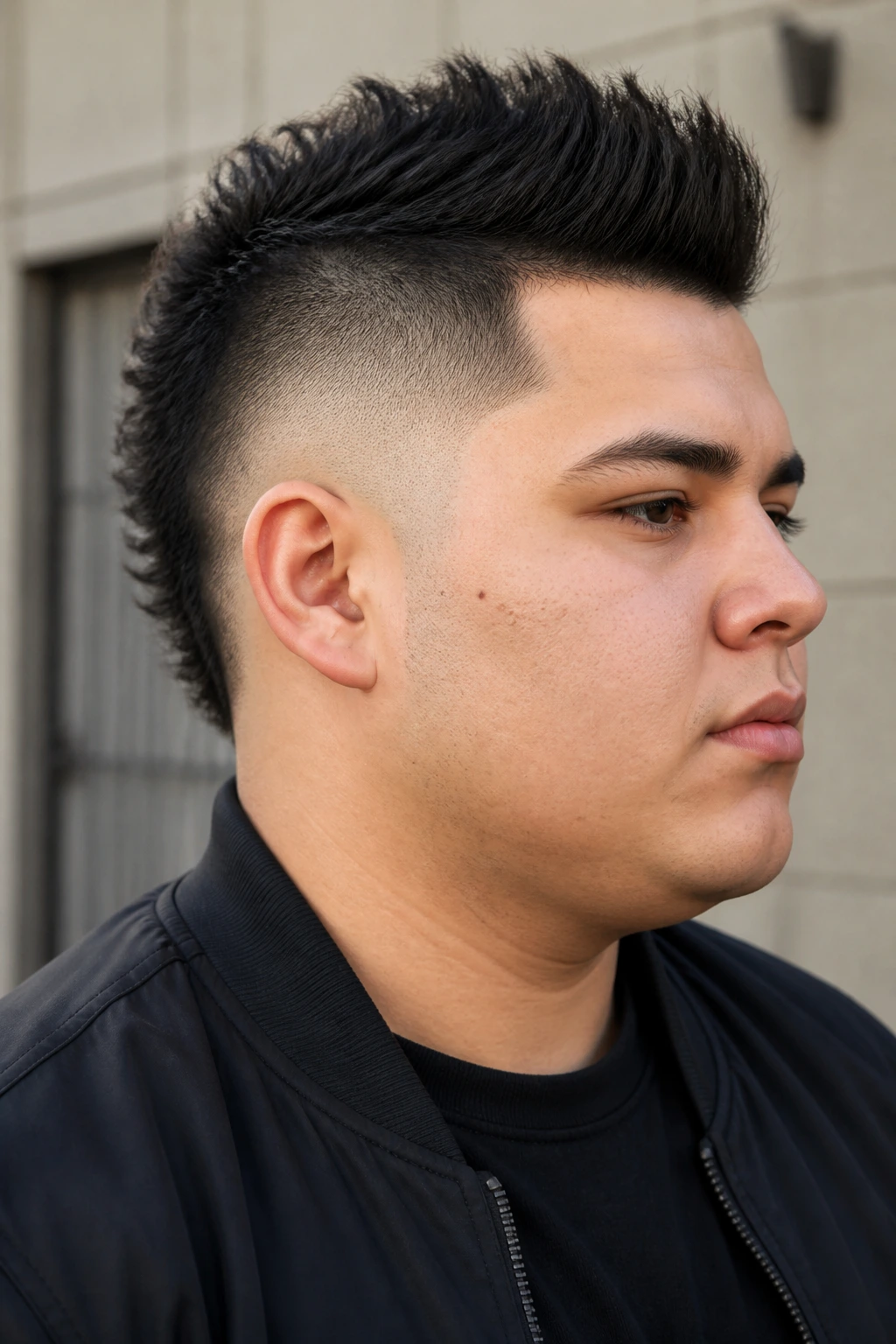 Portrait of a man with a burst fade mohawk beside a neutral wall.