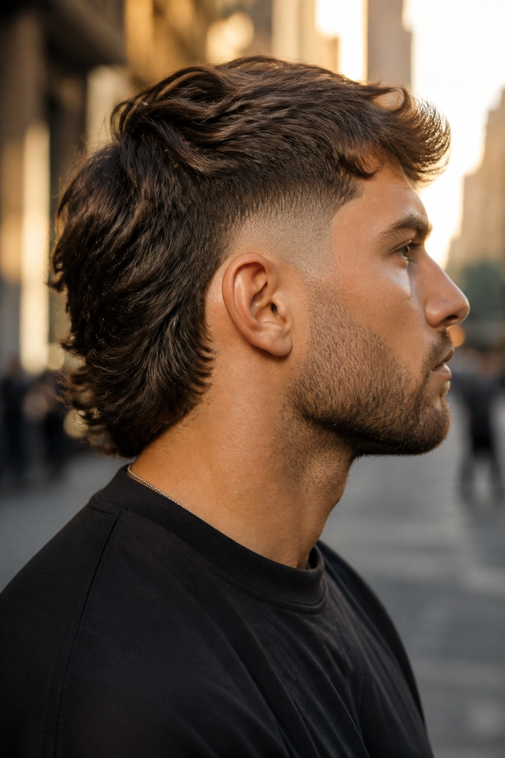 Profile of a man with a burst fade mullet around the ear