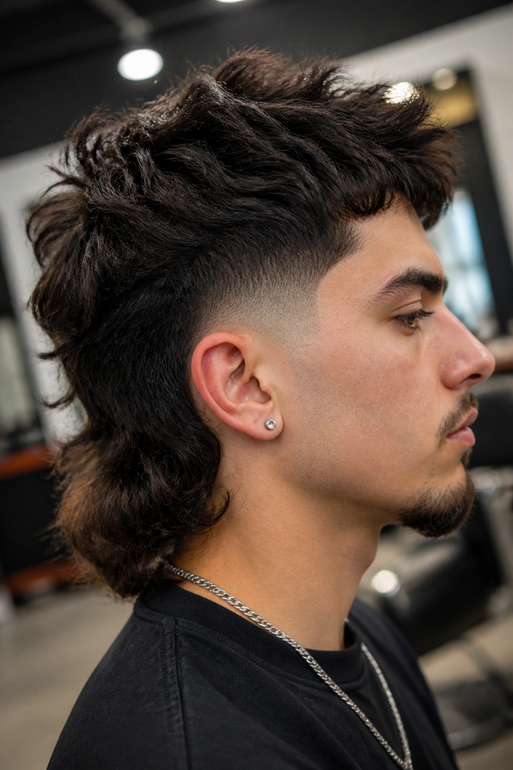 Close-up of real person with burst fade mullet in barber-like setting