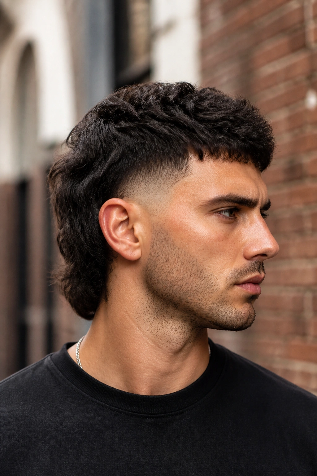 Close-up portrait of a real man with burst fade mullet and long back beside brick wall