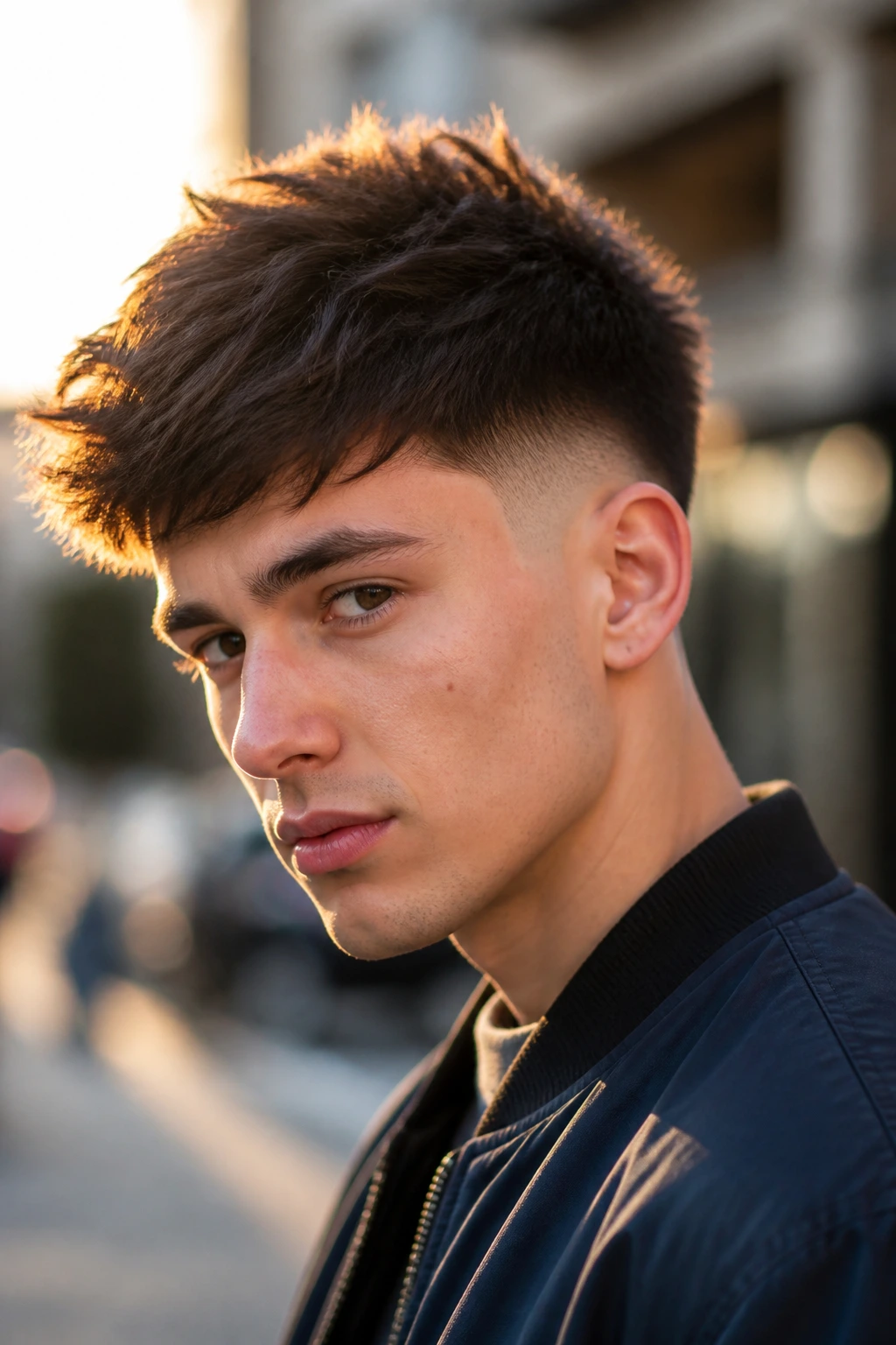 Close-up portrait of a real man with a burst fade and textured crown on an urban street at golden hour