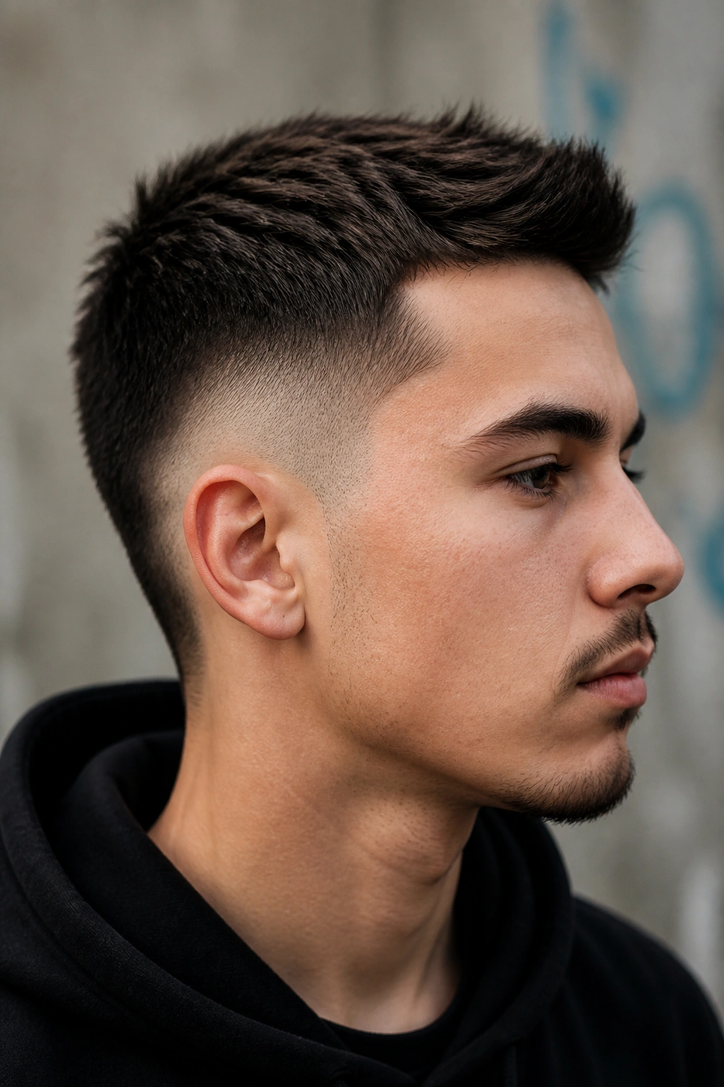 Close-up portrait of a real man with a Burst Fade Undercut around the ear and a compact top