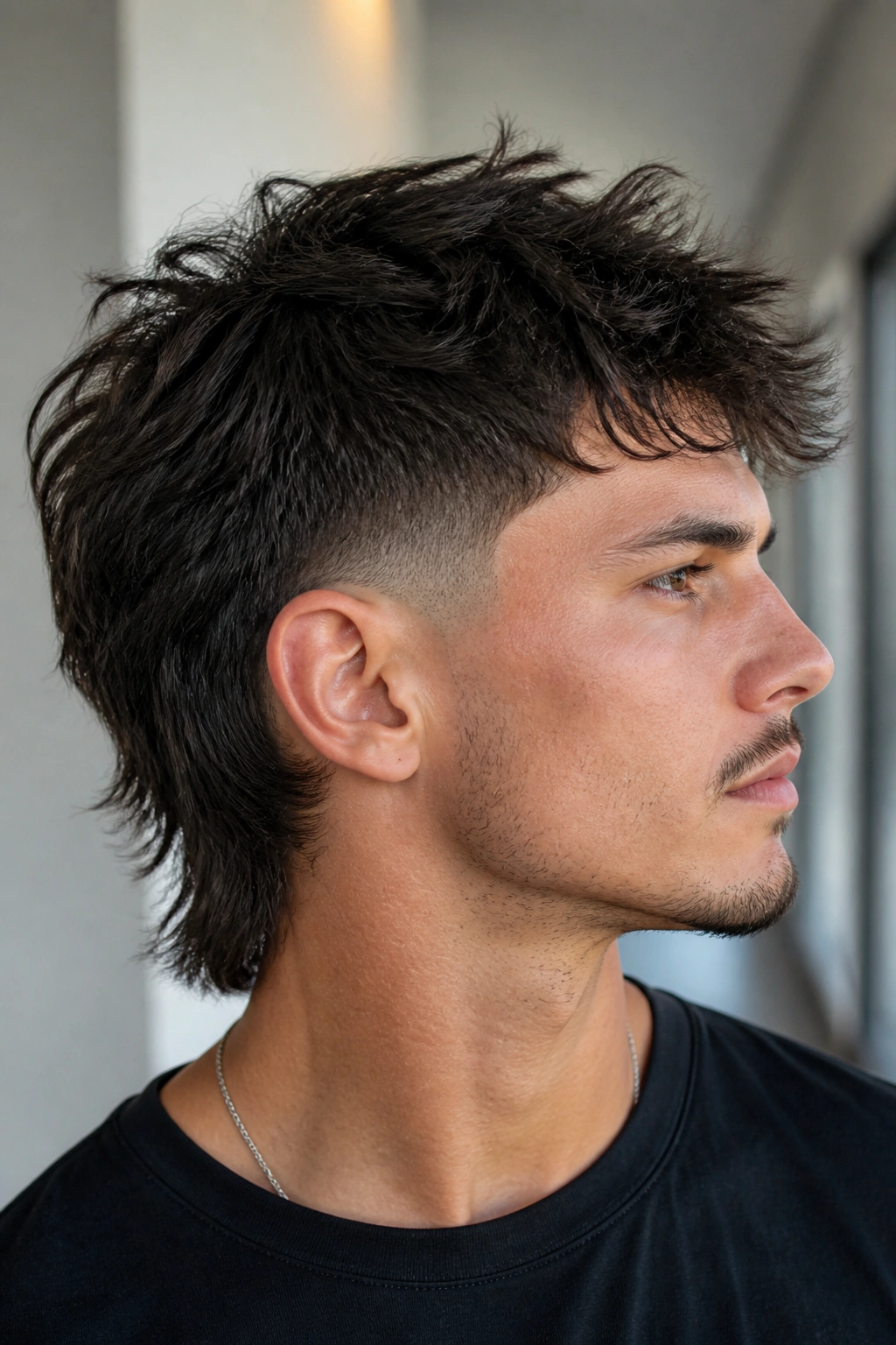 Close-up profile of a real man with burst fade wolf cut showing curved fade near ears