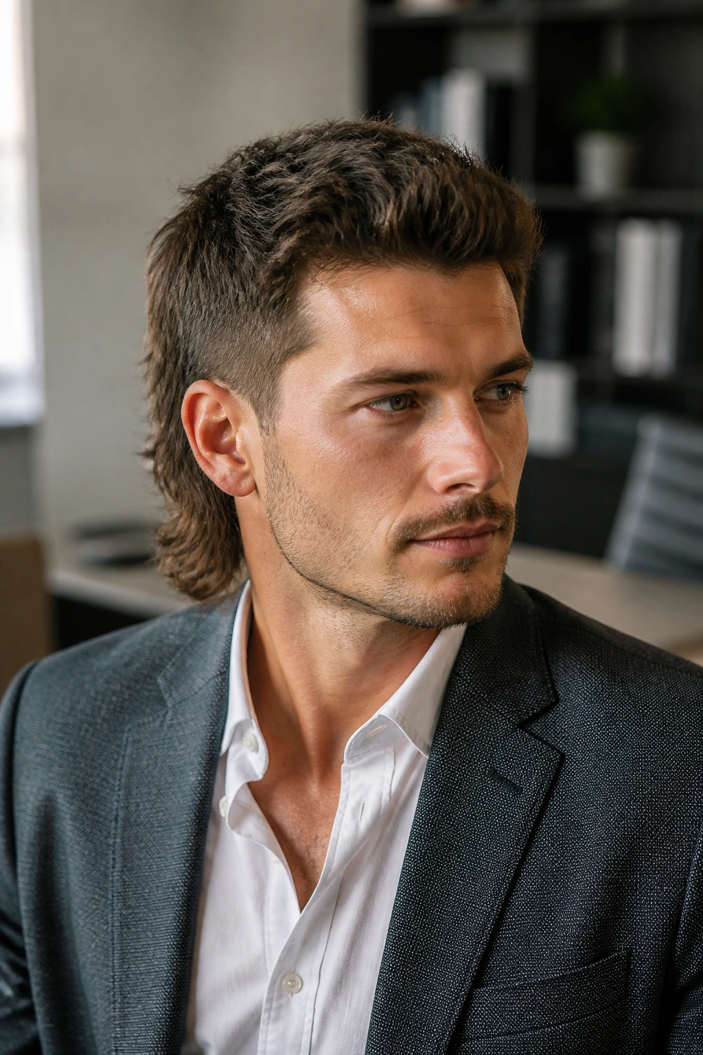Three-quarter portrait of a man with a business-back mullet in an office