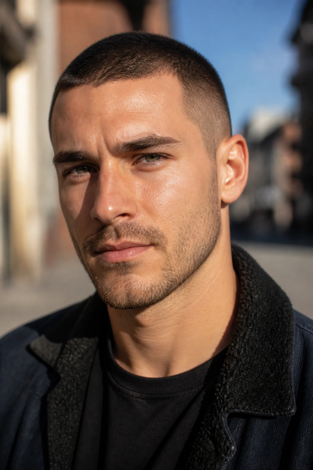 Close-up portrait of a man with a butch cut haircut