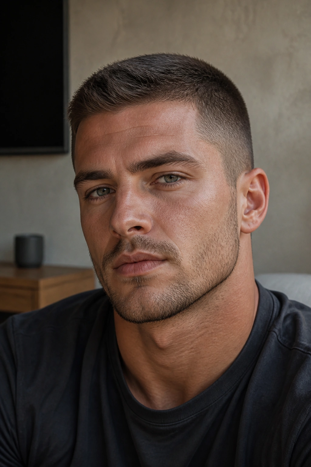Close-up portrait of a man with butch cut