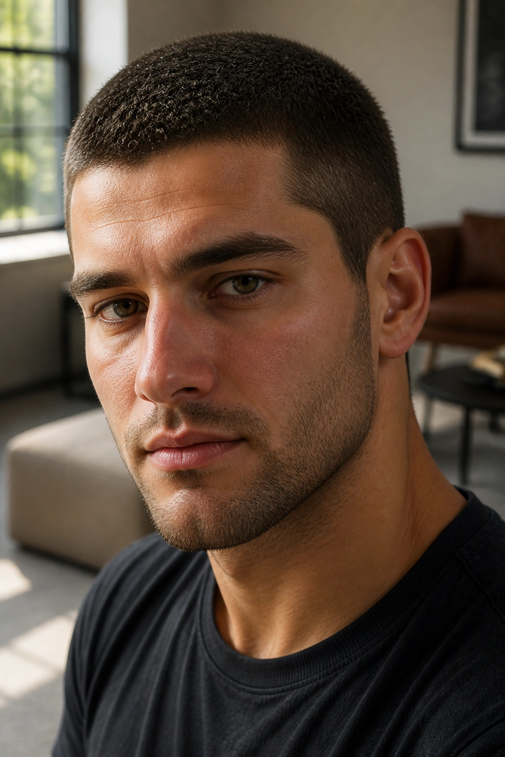 Close-up portrait of a man with a butch cut in a modern living room