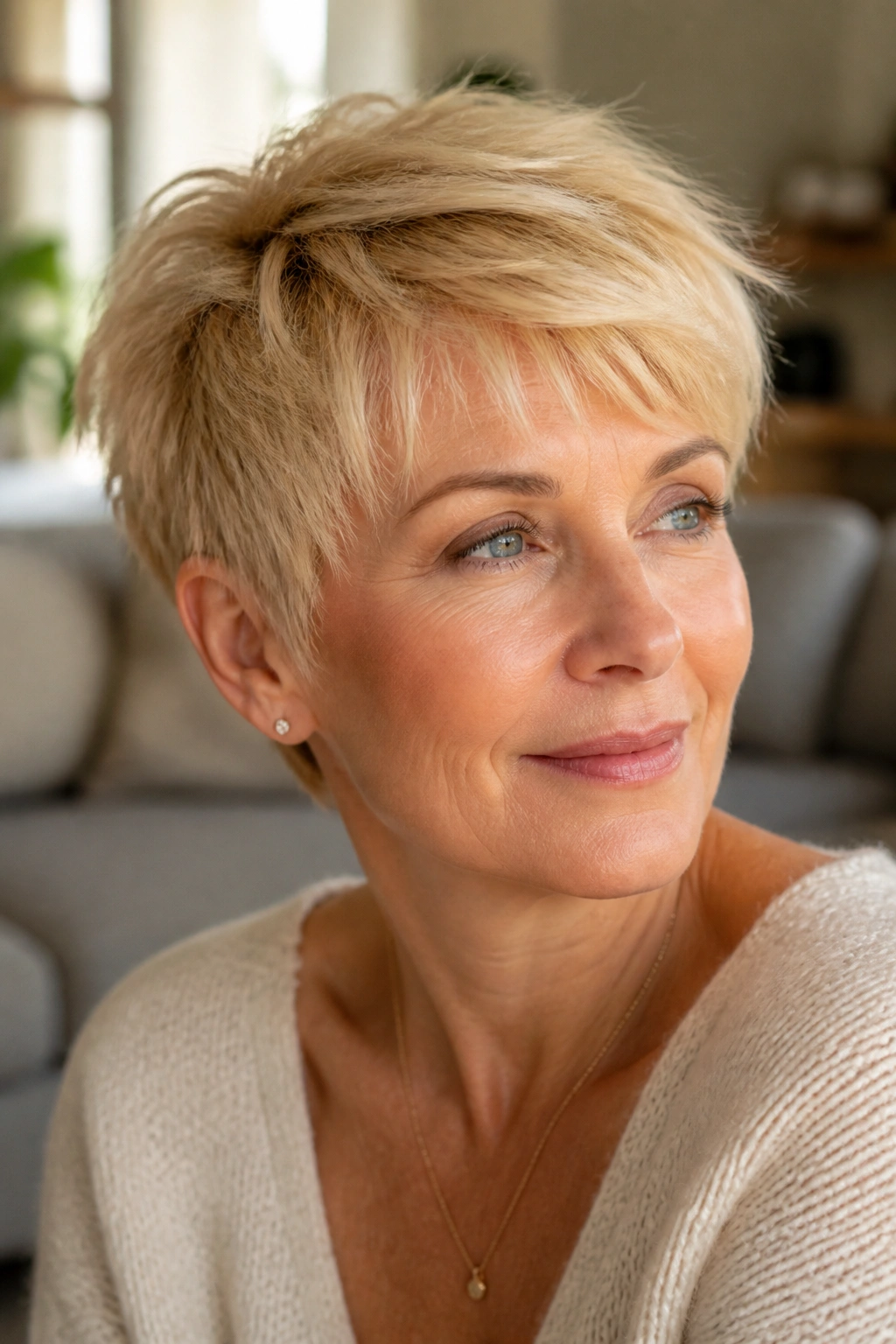 Close-up portrait of a real woman with feathered butter-blond pixie and gentle movement.