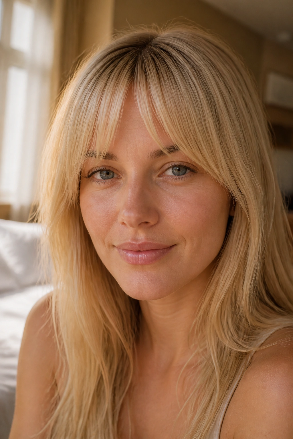Close-up of a real woman with butter-blonde bangs and a tiny center split