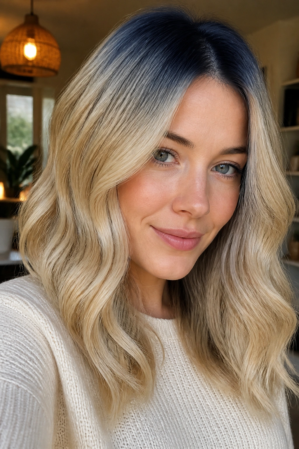 Close-up portrait of a real woman with butter blonde hair and a midnight blue shadow root