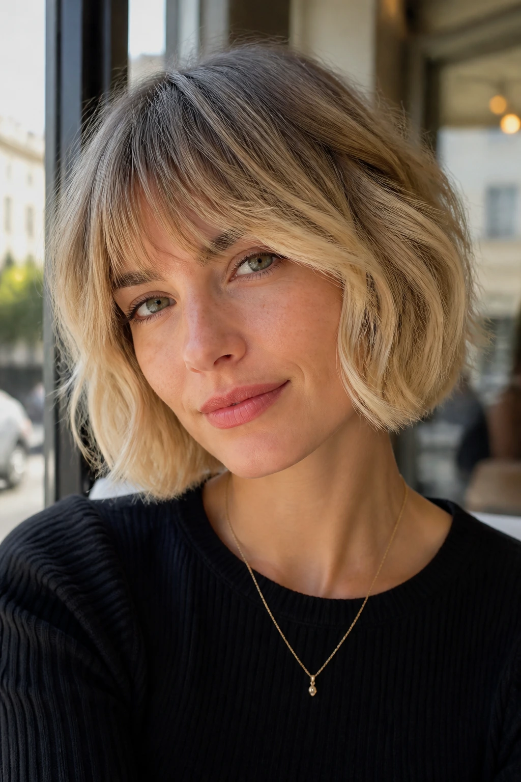 Close-up of chin-length French bob with butter blonde ends on a real woman