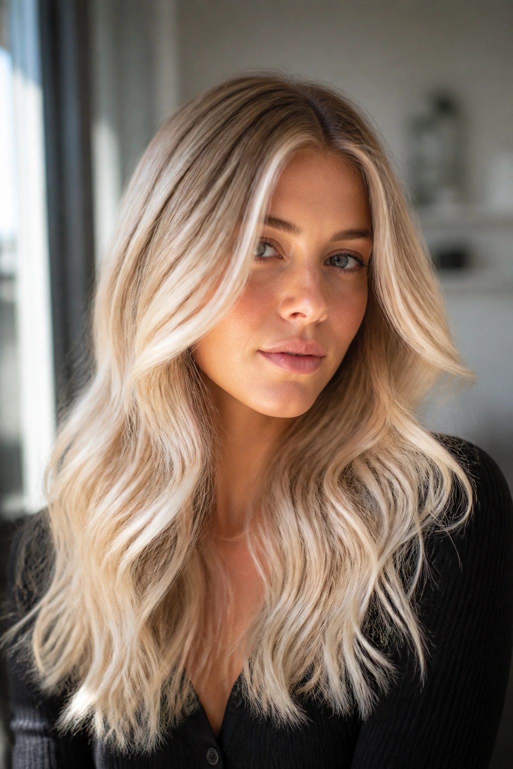 Real woman with butter blonde hair and frosted ends in natural light.