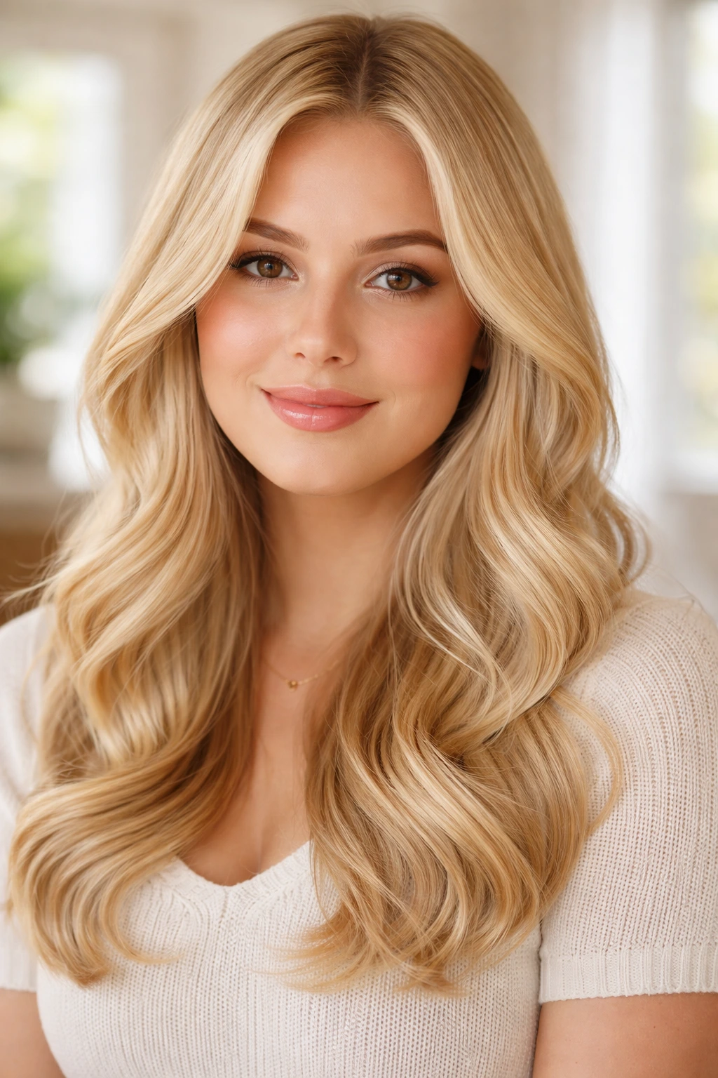 Portrait of a real woman with creamy butter-blonde hair in soft window light