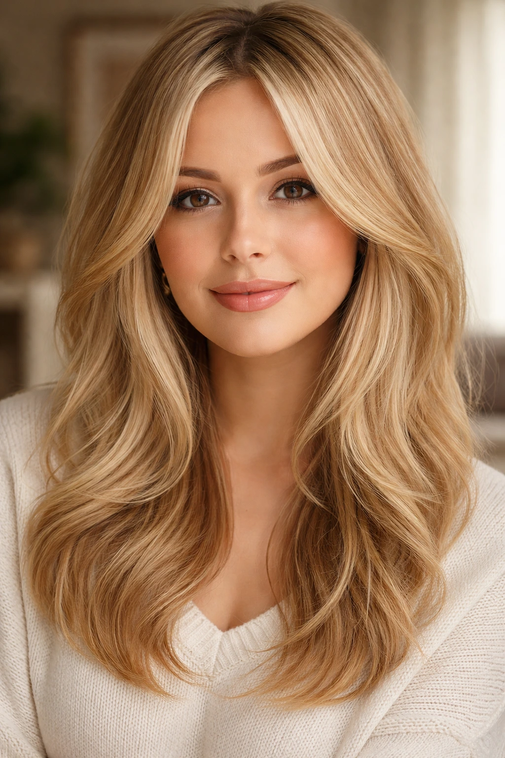 Close-up of a woman with butter blonde hair around soft layers framing her face