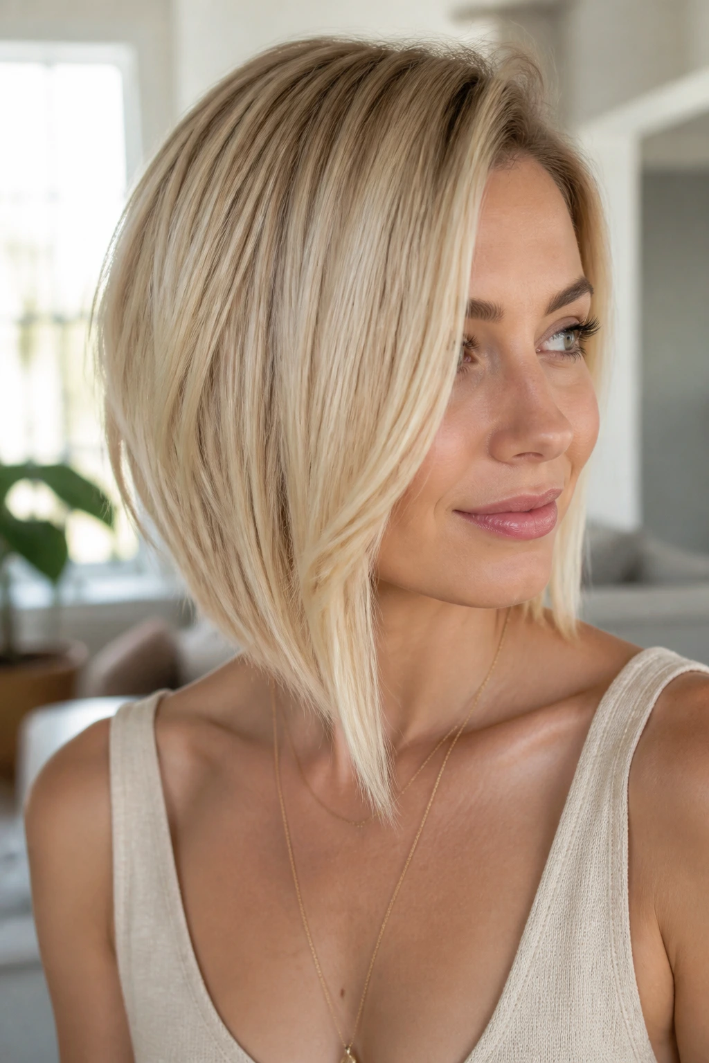 Portrait of a real woman with a collarbone-length butter blonde asymmetrical lob