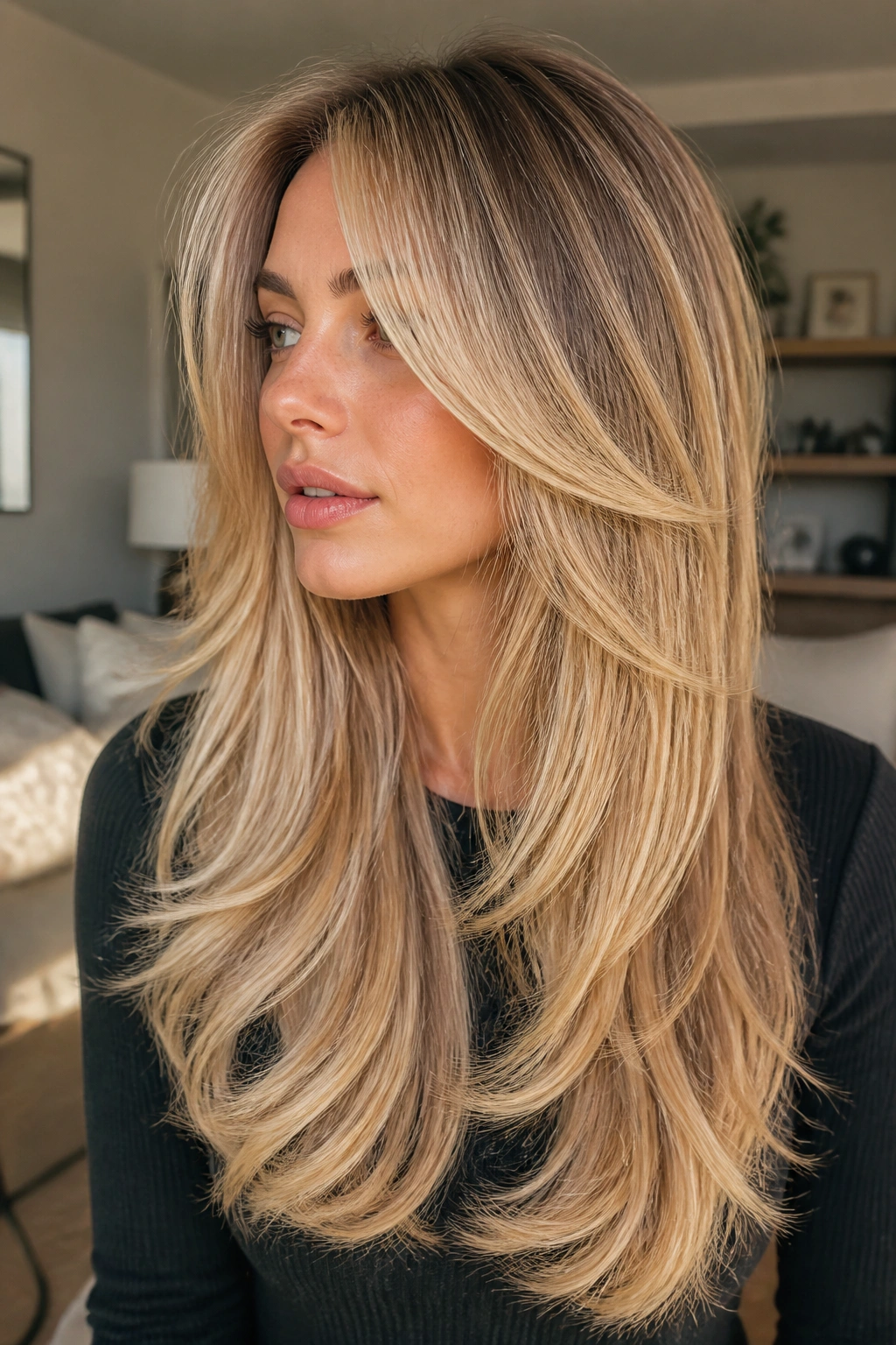Close-up of butter blonde ombre with long layers on a real woman