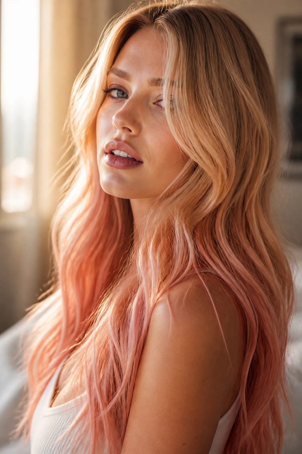 Close-up portrait of butter blonde hair with peach rose ombre on the ends