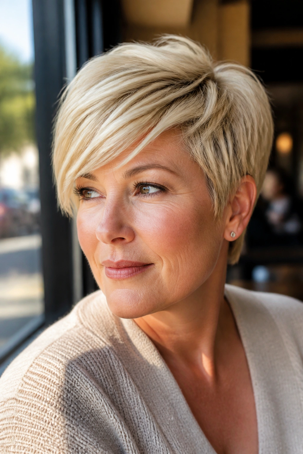 Close-up portrait of a real woman with butter blonde pixie and side-swept fringe