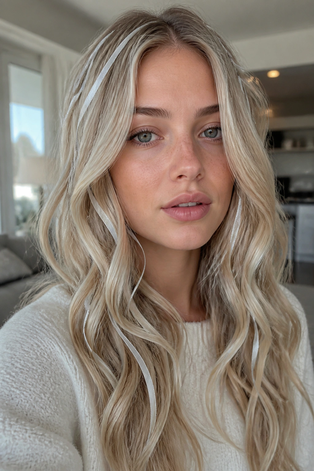 Real woman with butter blonde hair showing subtle silver ribbons.
