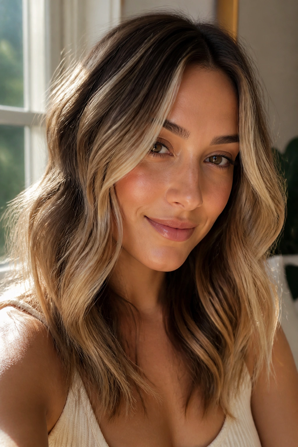 Close-up of warm brunette with creamy butter blonde balayage and soft face frame