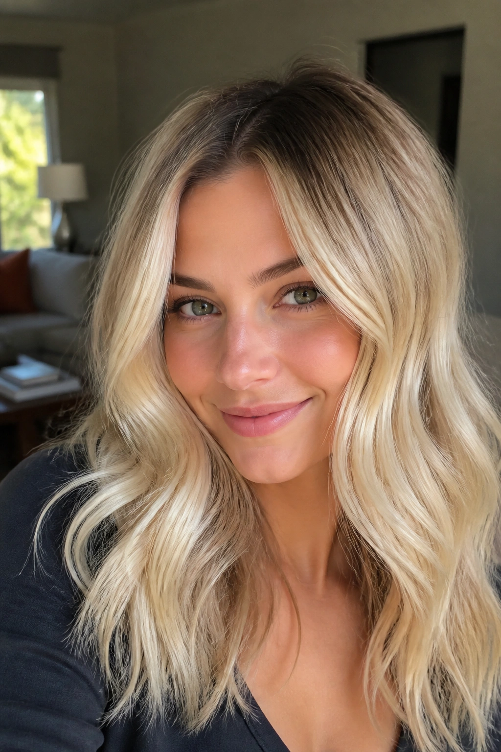Close-up of a real woman with butter blonde waves and melted root under warm window light