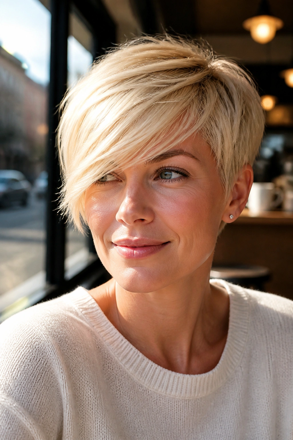 Close-up of a real woman with Side-Swept Butter Blonde Pixie, side-swept fringe and butter blonde color
