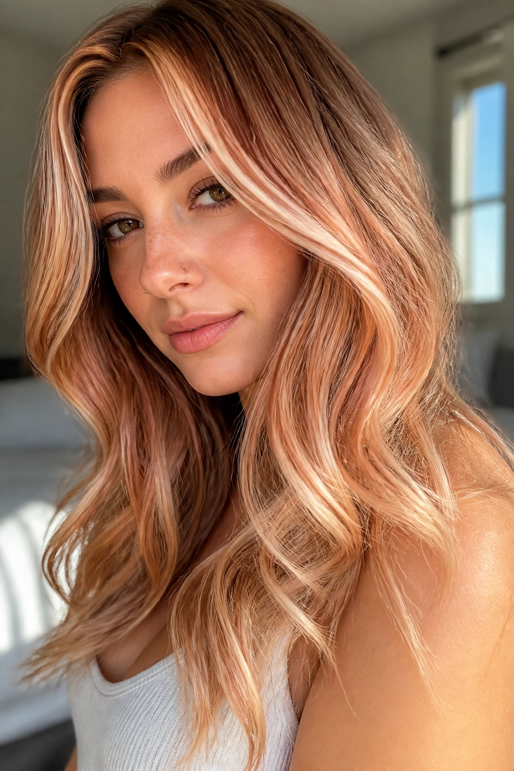 Close-up of a real woman with butter-blonde and strawberry blends on brown hair in a sunlit room