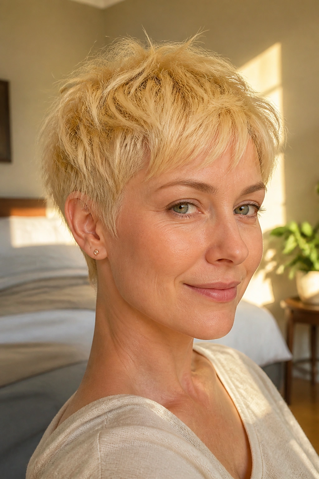 Close-up of a real person with a butter yellow wispy pixie and airy, moved ends.