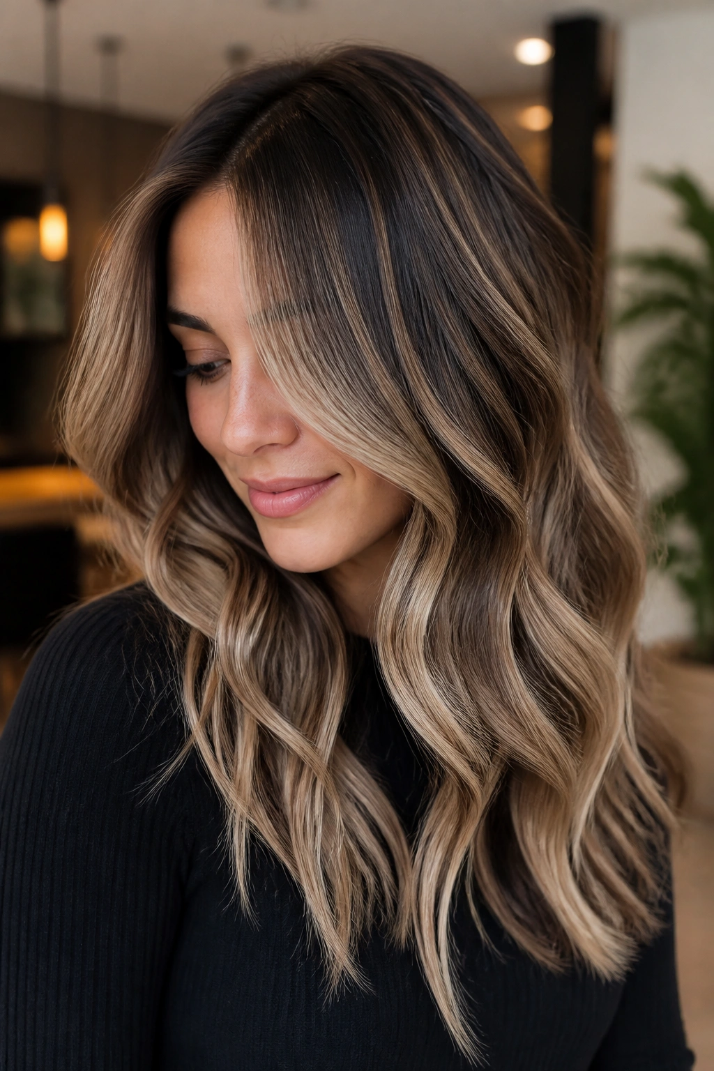 Close-up of a real woman with buttercream balayage on warm brunette hair in warm lighting.