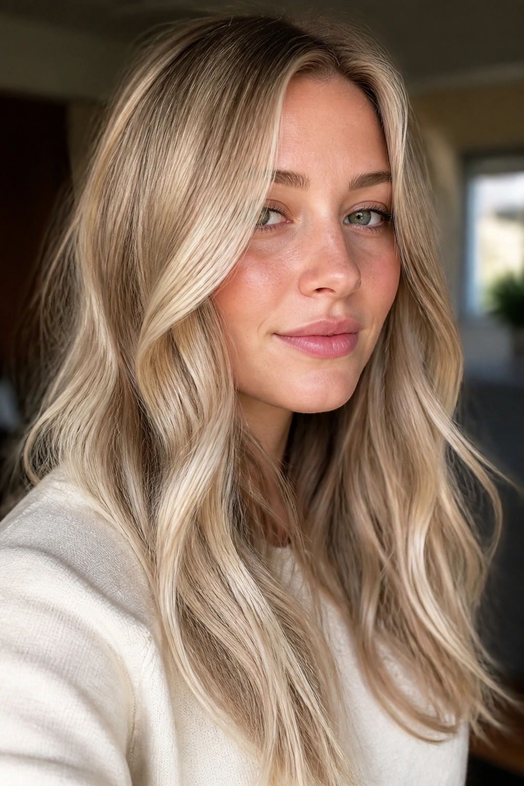 Close-up portrait of a real person with cool buttercream sandy blonde hair under natural window light