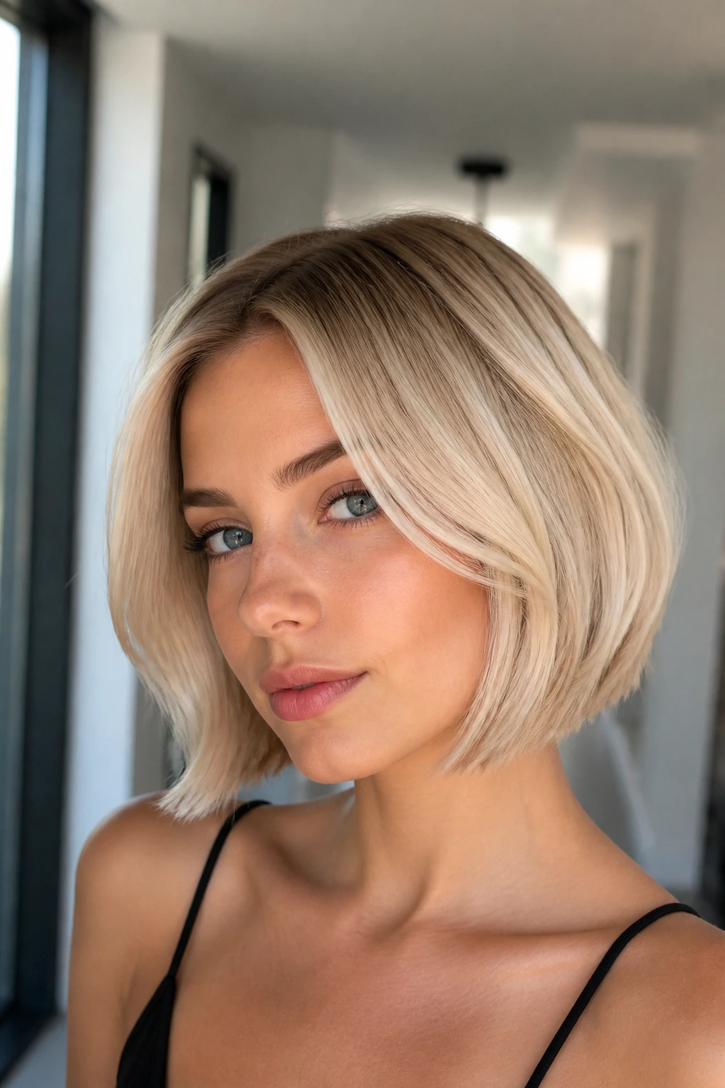 Close-up portrait of buttercream blonde bob on a real woman