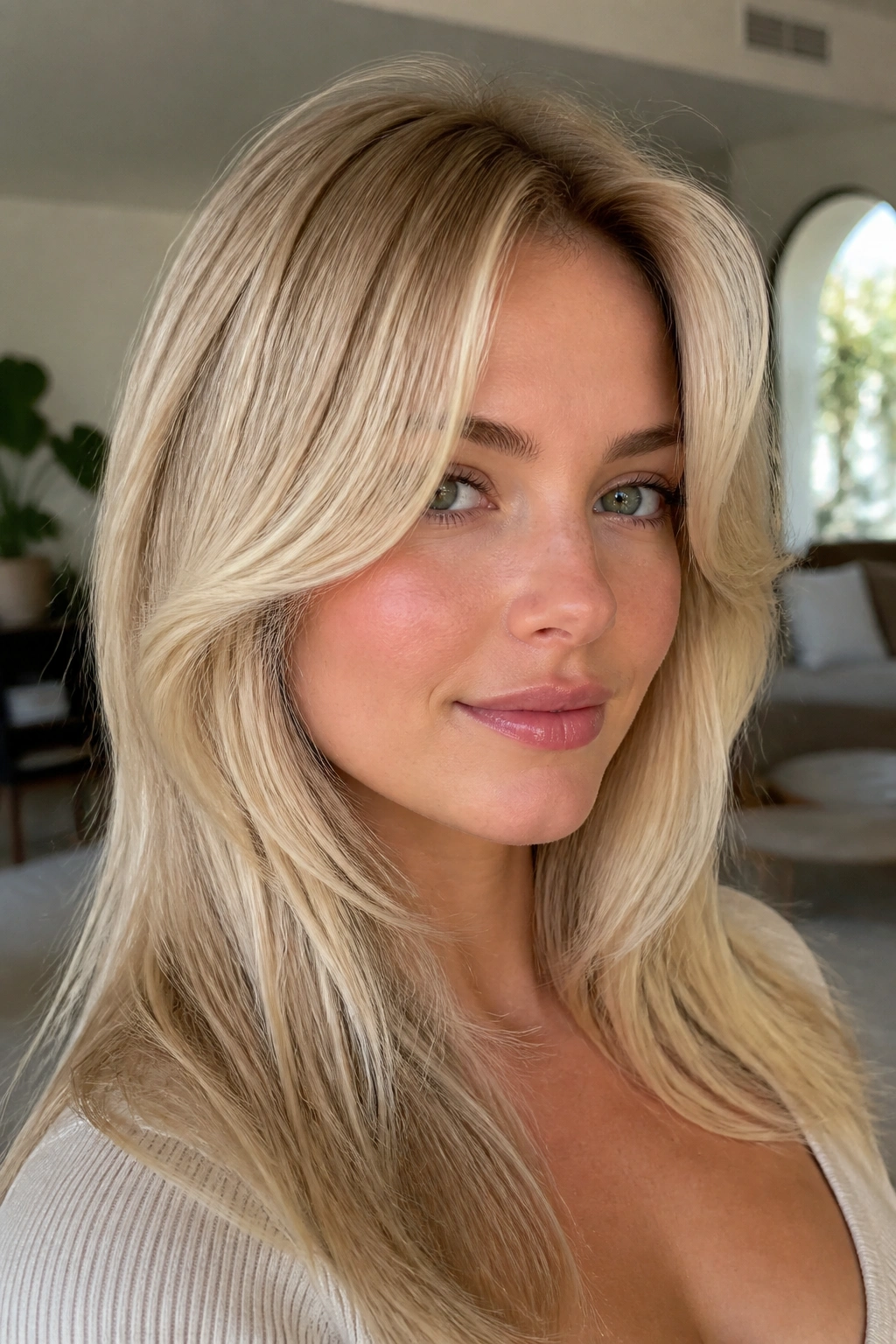Portrait of woman with buttercream blonde and curtain bangs