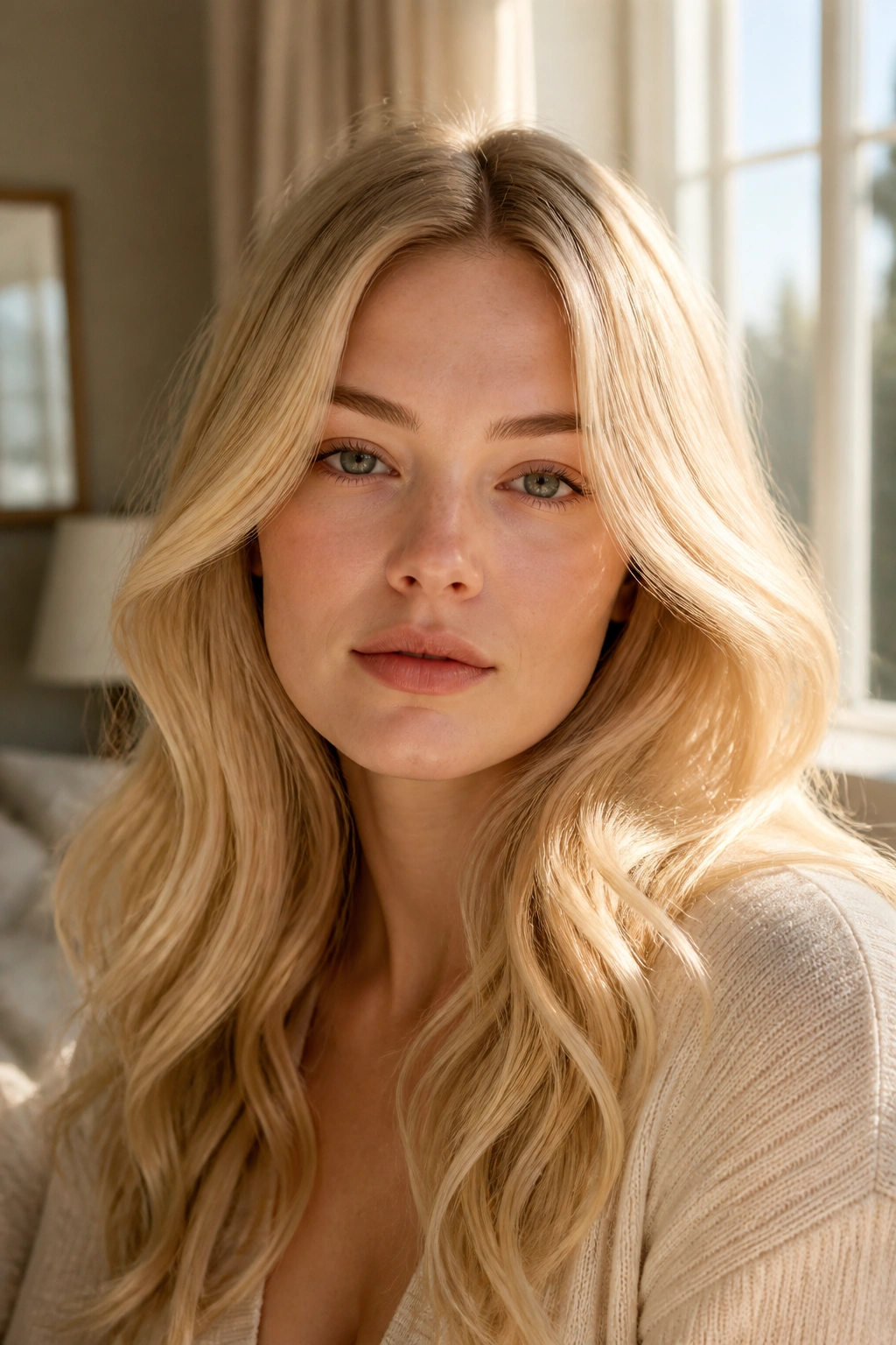 Close-up portrait of a real woman with buttercream blonde hair in natural daylight.