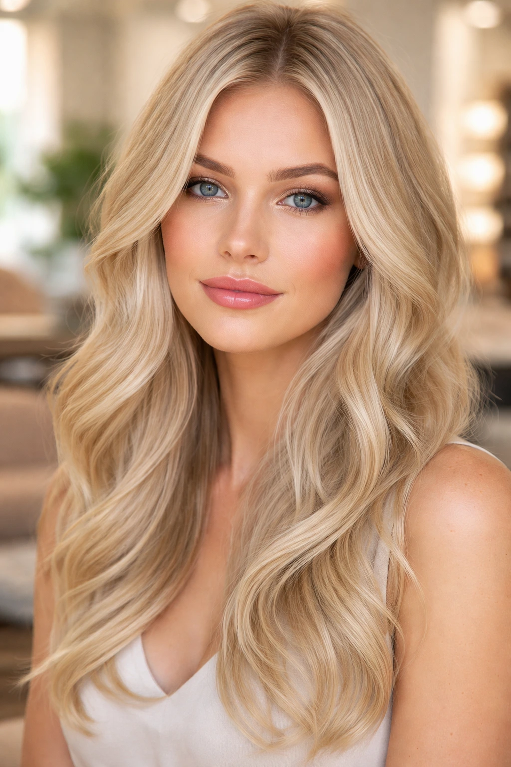 Close-up of a real woman with creamy buttercream champagne blonde hair in a sunlit salon