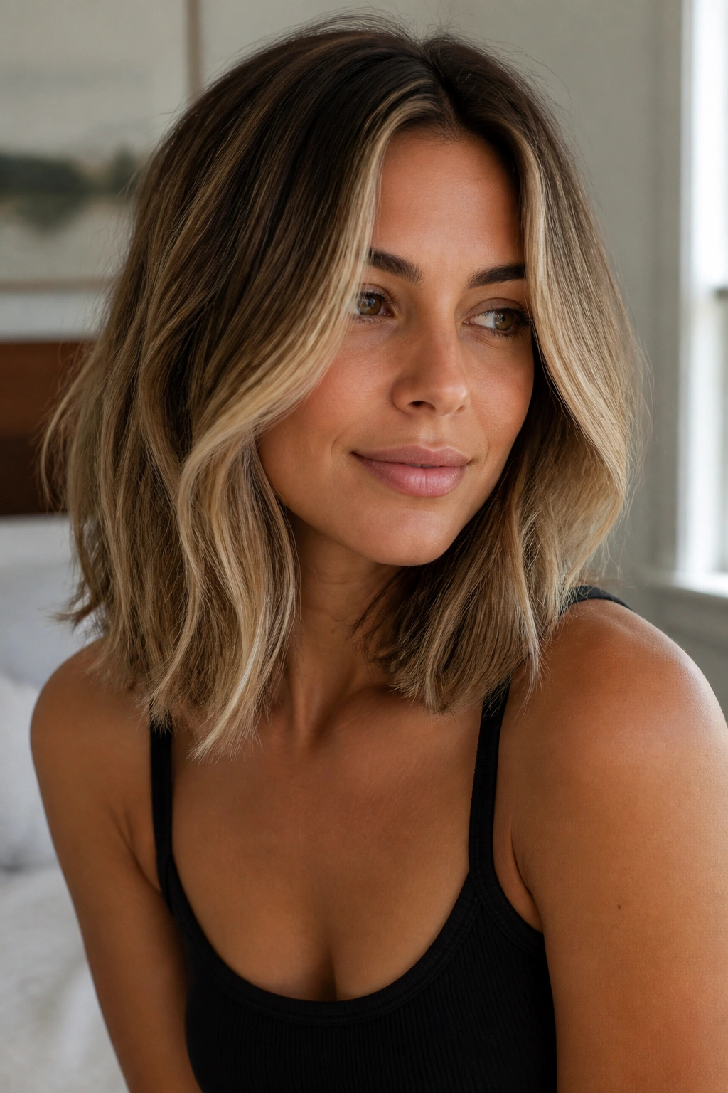 Shoulder-length hair with buttercream highlights framing the face on a real person.