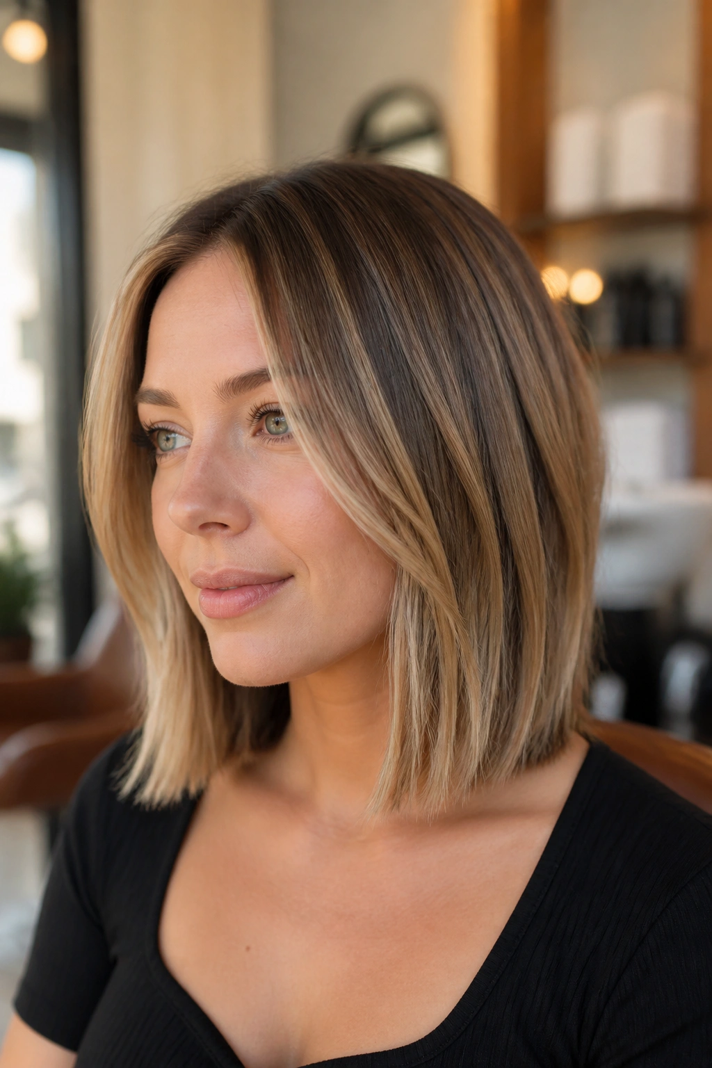 Close-up of a real woman with buttered honey highlights on a dark blonde lob, warm salon lighting.