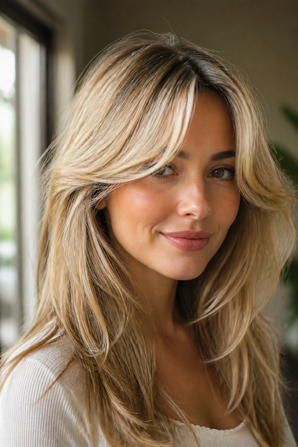 Real woman with butterfly bangs and face framing in medium blonde