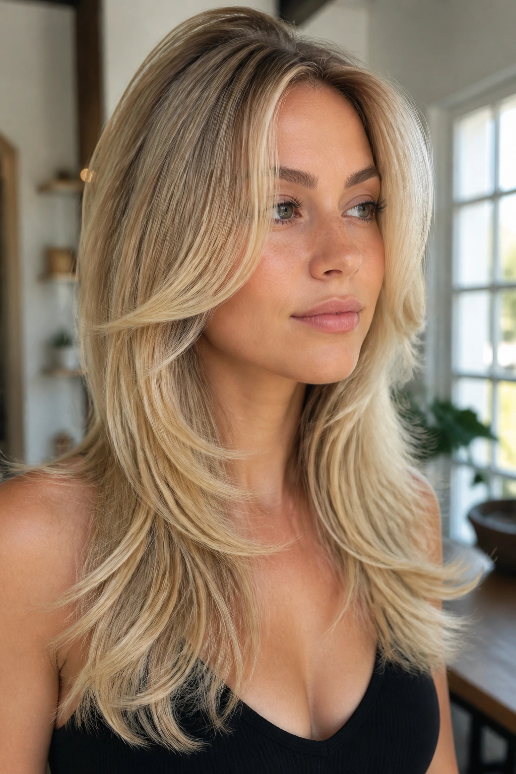 Close-up of a real woman with butterfly cut and blonde balayage.